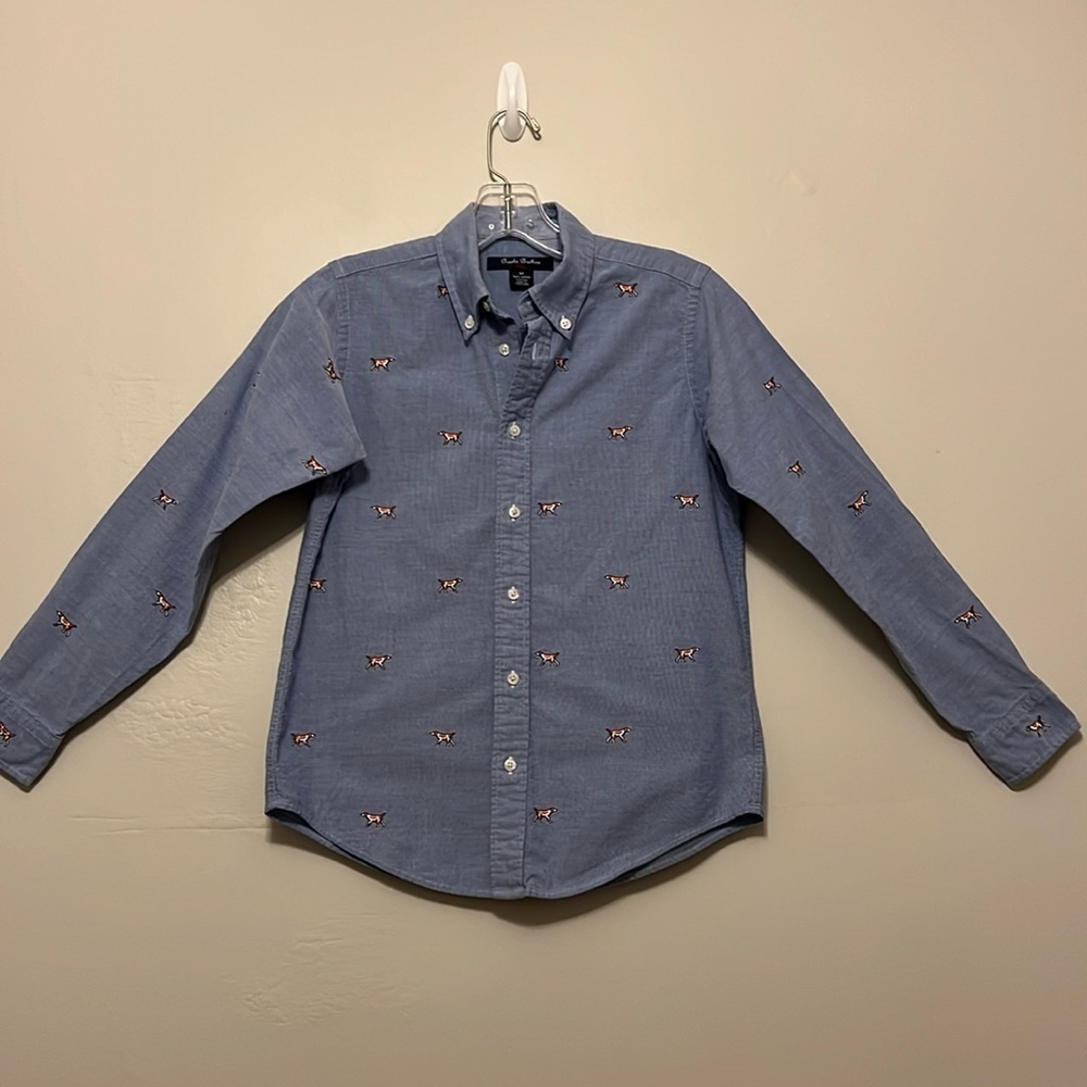 Brooks Brothers Fleece Oxford Shirt Boys M 10 Blue‎  Dog Embroidered Button Down